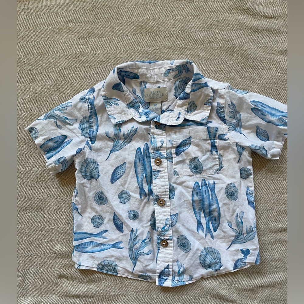 Pink Chicken / Blue Rooster Kids White and Blue Sea Life Shirt Sz 3